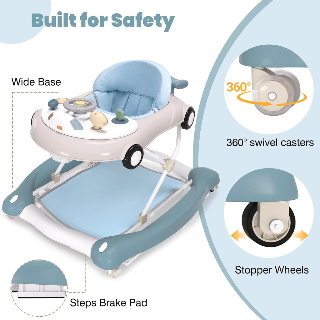 5-in-1 Convertible Baby Walker with Steering Wheel Music Activity Center – Infant Rocker, Jumper, Push Walker