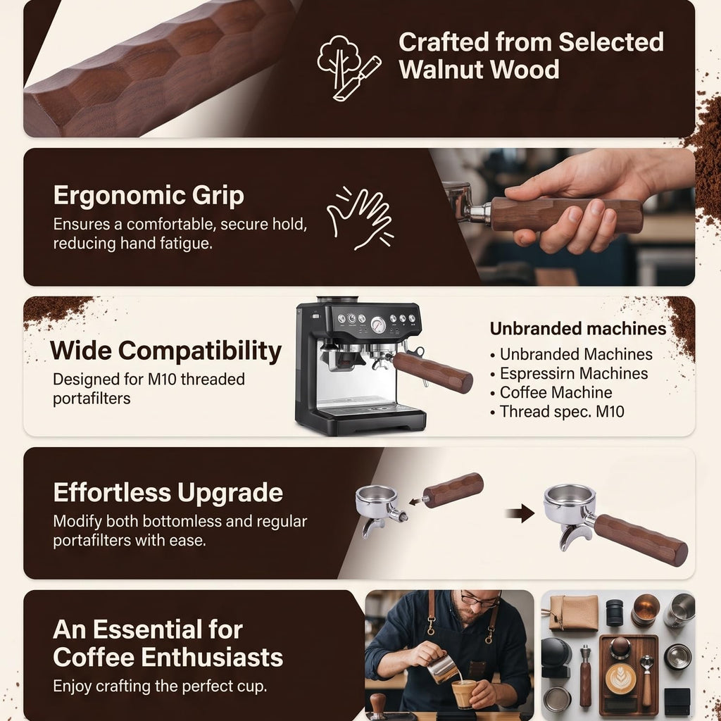 Rengue Walnut Wood Portafilter Handle, M10 Thread Replacement Accessory