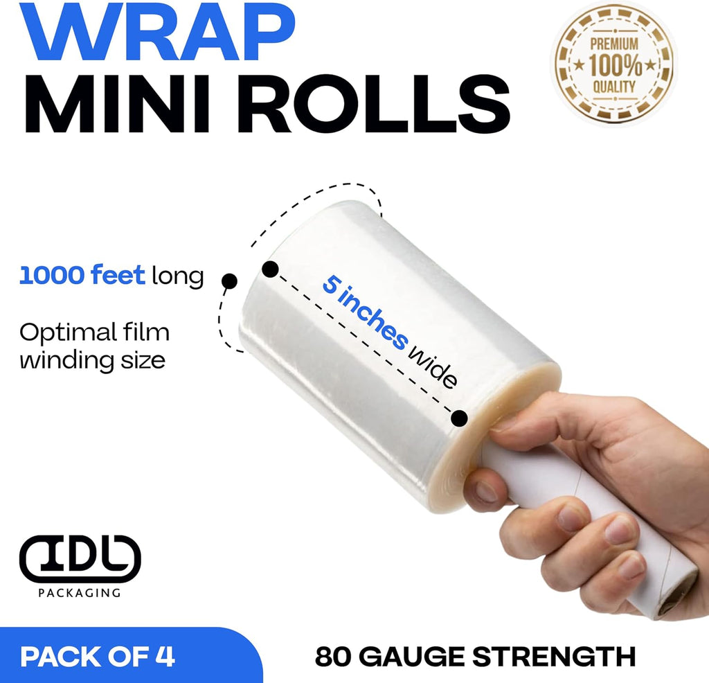 5" x 1000' Stretch Wrap Mini Roll, 80 Ga (4-Pack) - USA-Made