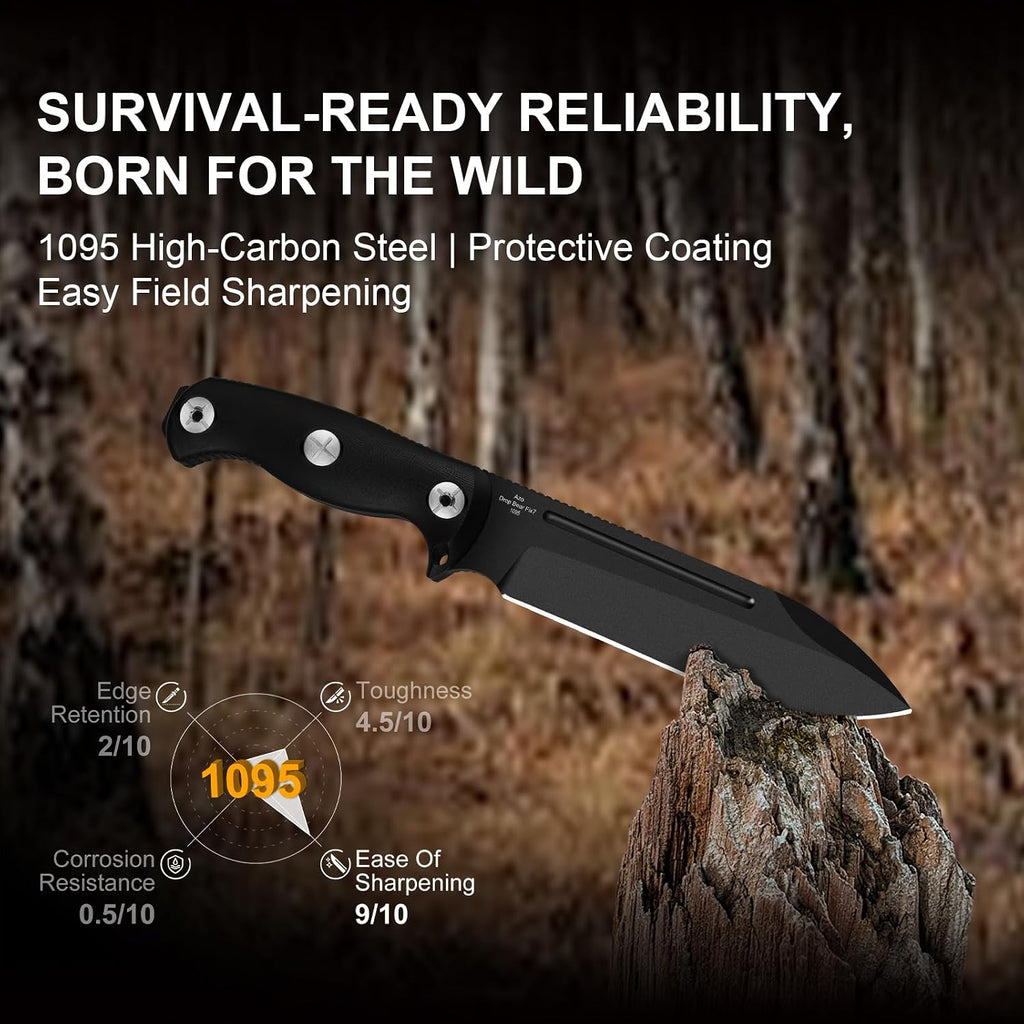 Drop Bear Fix 7 Fixed Blade Knife, 6.51" 1095 Blade, Hammer Pommel | Full Tang Hunting Survival Bushcraft Knife with