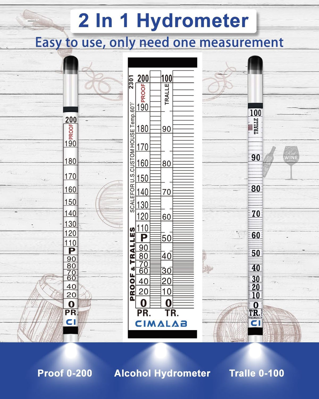 Hydrometer Alcohol Meter Kit, Hydrometer Alcohol 0-200 Proof & Tralle with Hydrometer Test Jar, Alcohol Proof Tester