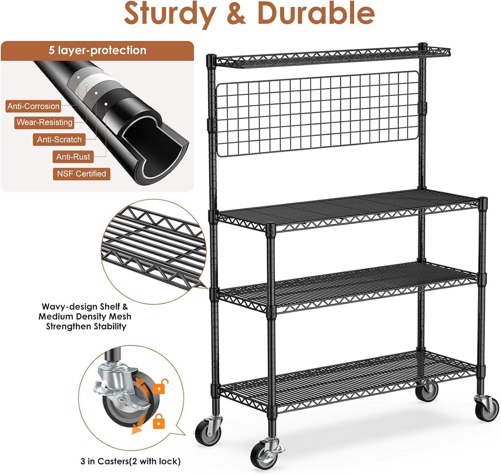 Bakers Rack with Storage & Wheels, 42In Microwave Stand Kitchen Shelves