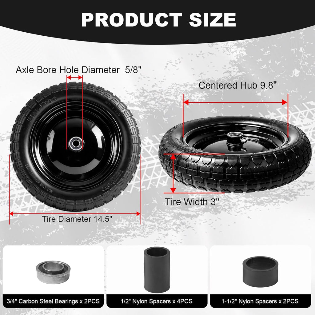 1-Pack 4.80/4.00-8 Tire - 14.5" Flat-Free Tire Wheelbarrow Tire with 3" Centered Hub, 5/8" 3/4" Bearings, Heavy Duty