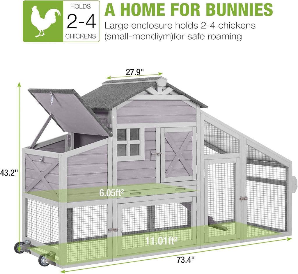 Chicken Coop Mobile Hen House with Nesting Box Outdoor Rabbit Hutch Poultry Cage 73.4" with Wheel for 2-4 Chickens,Grey