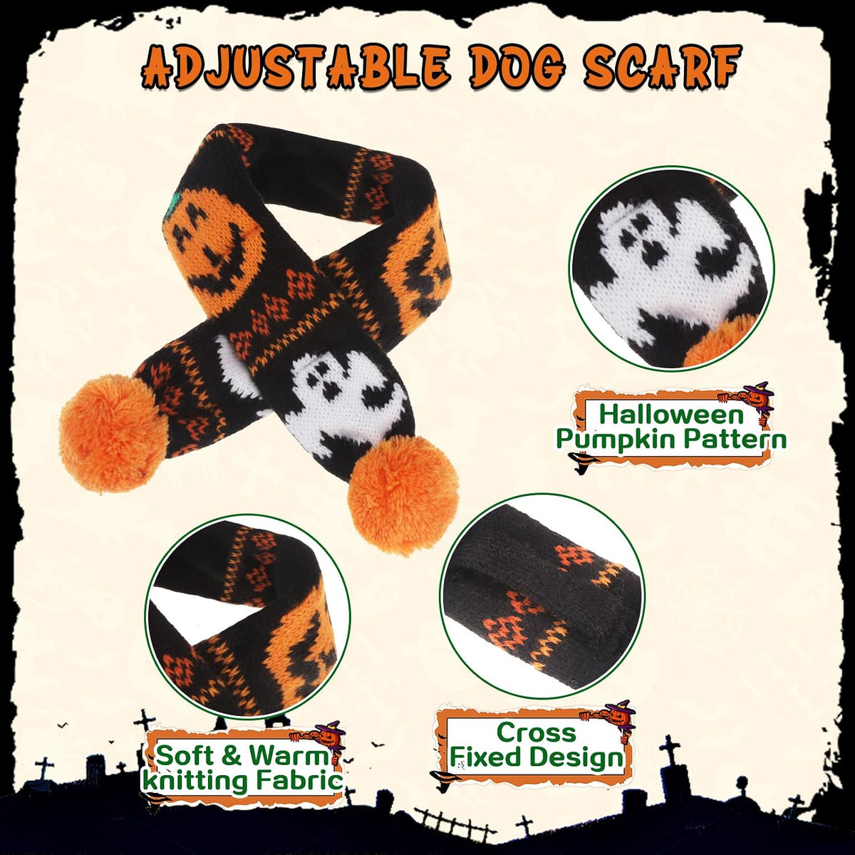Halloween Dog Costumes Hat Scarf Set Knit, 2 Pcs Pet Halloween Pumpkin Costume Outfit Funny Holiday Cosplay