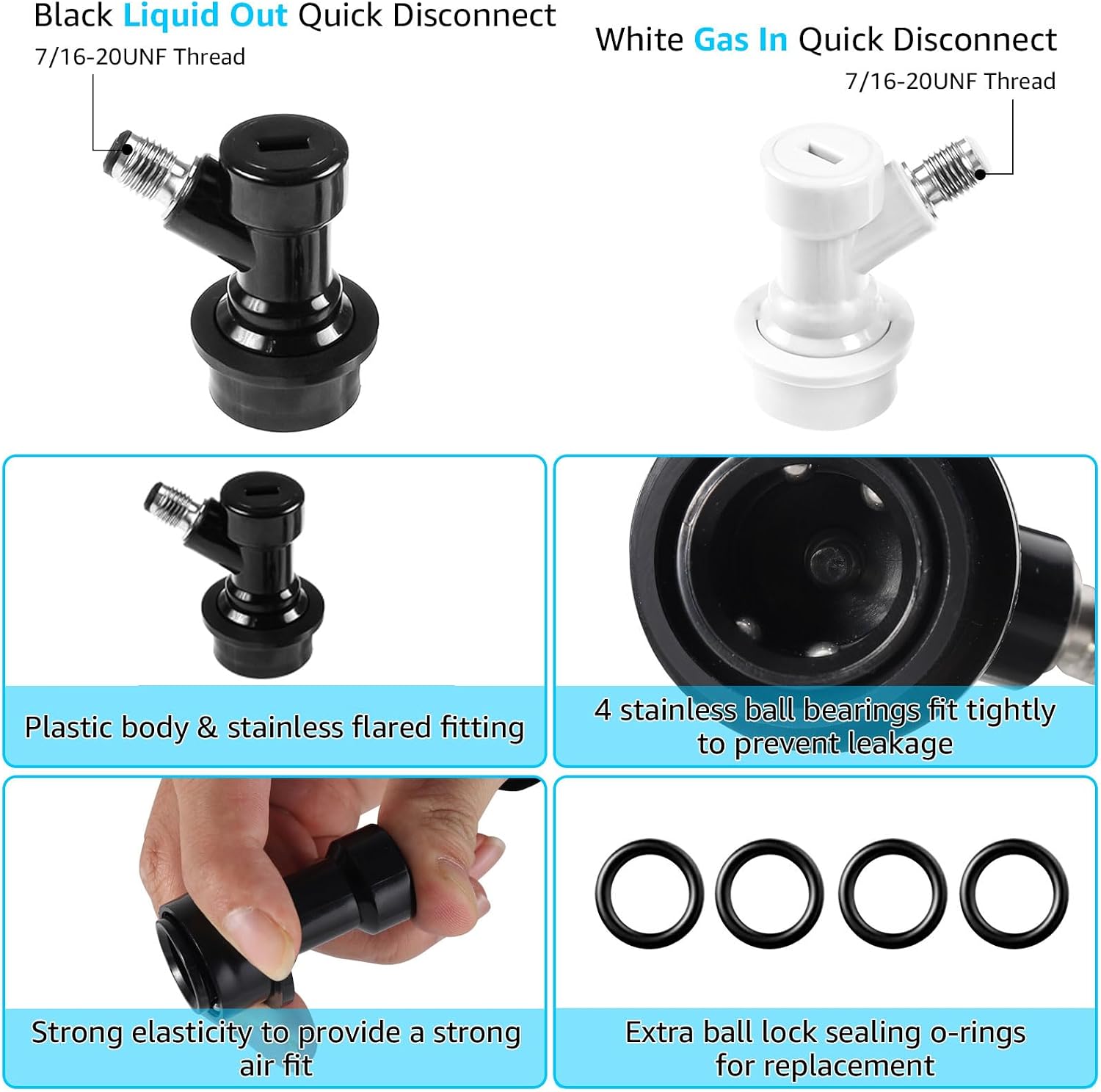 Ball Lock Quick Disconnect – Push to Connect Beer Line Fittings Set | O.D 3/8" Tube-7/16-20UNF Thread, Quick