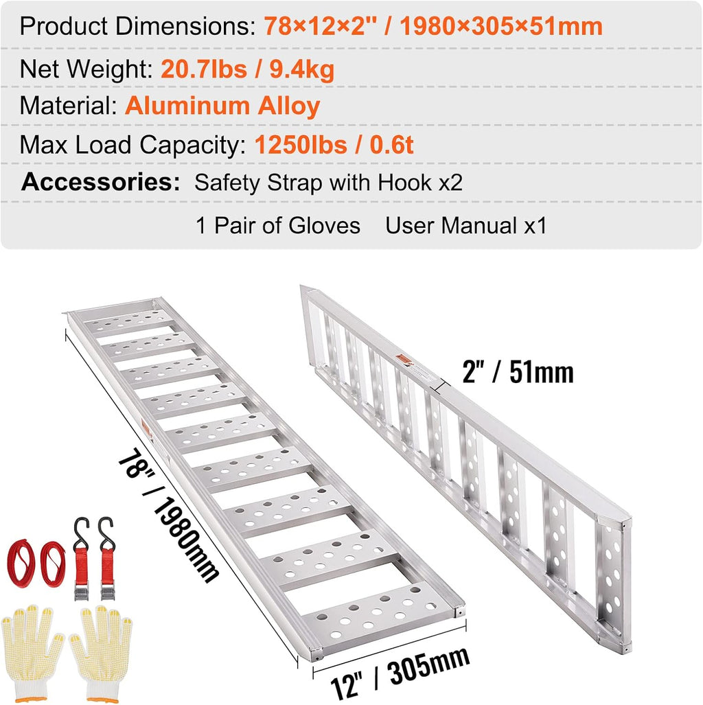Aluminum Ramps, 1250lbs, Straight Ramp with Treads and Load Straps, Portable Loading Ramp for Motorcycles, ATVs