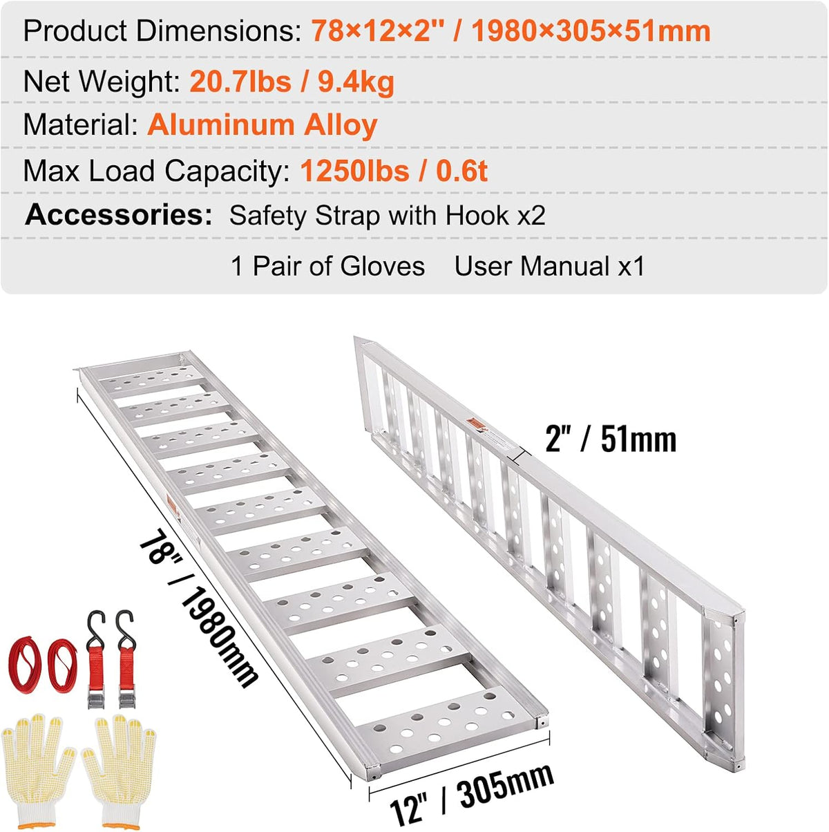 Aluminum Ramps, 1250lbs, Straight Ramp with Treads and Load Straps, Portable Loading Ramp for Motorcycles, ATVs
