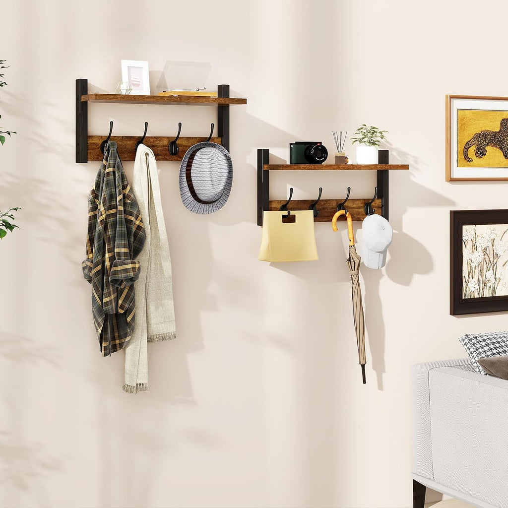 Coat Rack Shelf Wall Mounted, Coat Hooks Set of 2, Entryway Coat Hanger with 8 Hooks, 31.5" Wall Floating Shelf with