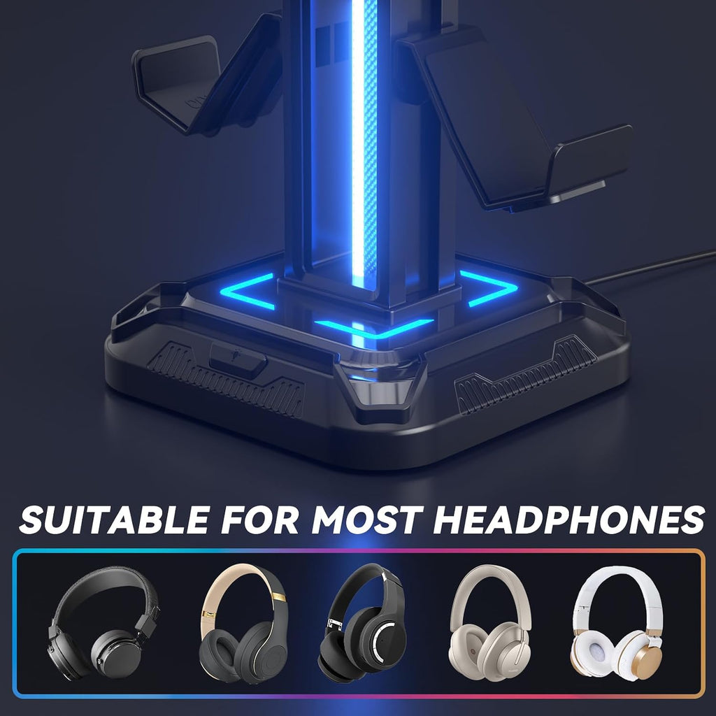 RGB Headset Stand with 9 Light Modes - Controller Holder for Desk - Rotatable Headphone Stand & Detachable Controller