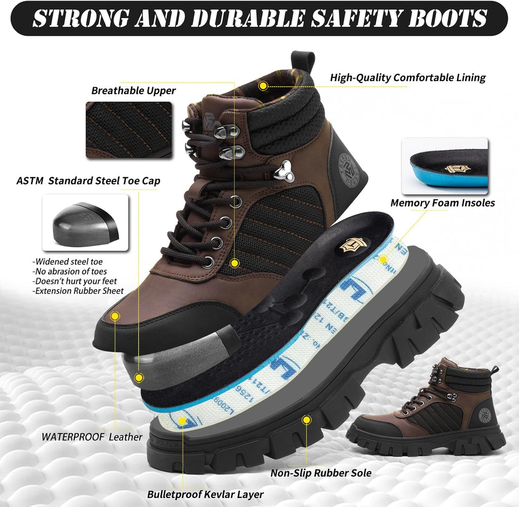 Waterproof Steel Toe Boots For Men-6 Inch Comfortable Mens Safety Work Boots Indestructible Steel Toe Shoes