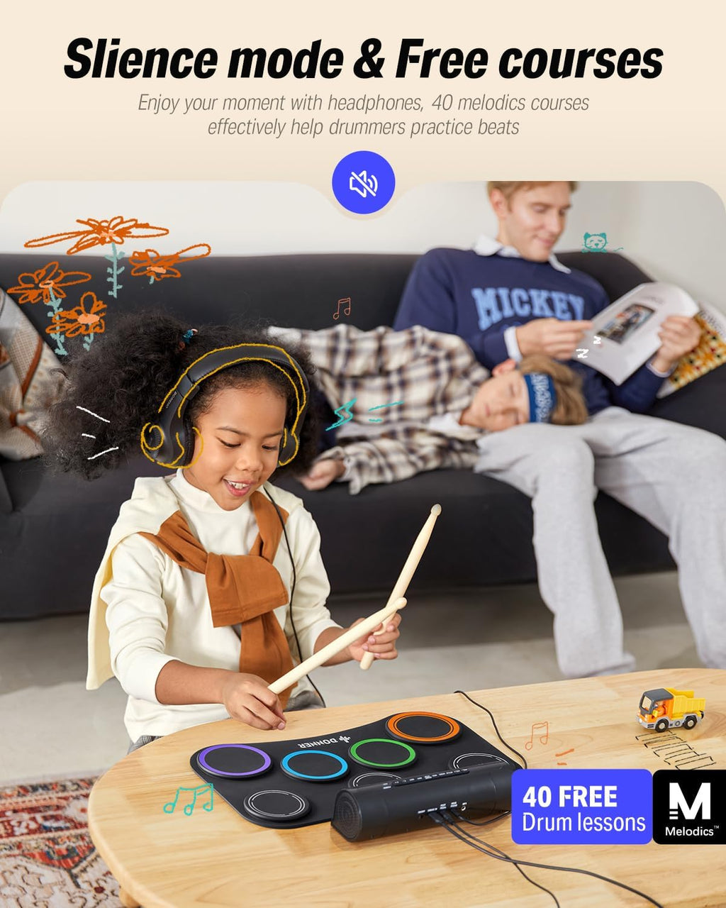 Electric Drum Set Upgrated, 7 Pads Electronic Drum Pad Roll Up Quiet Drum Pad Built-in Speaker, 40 Lessons Included