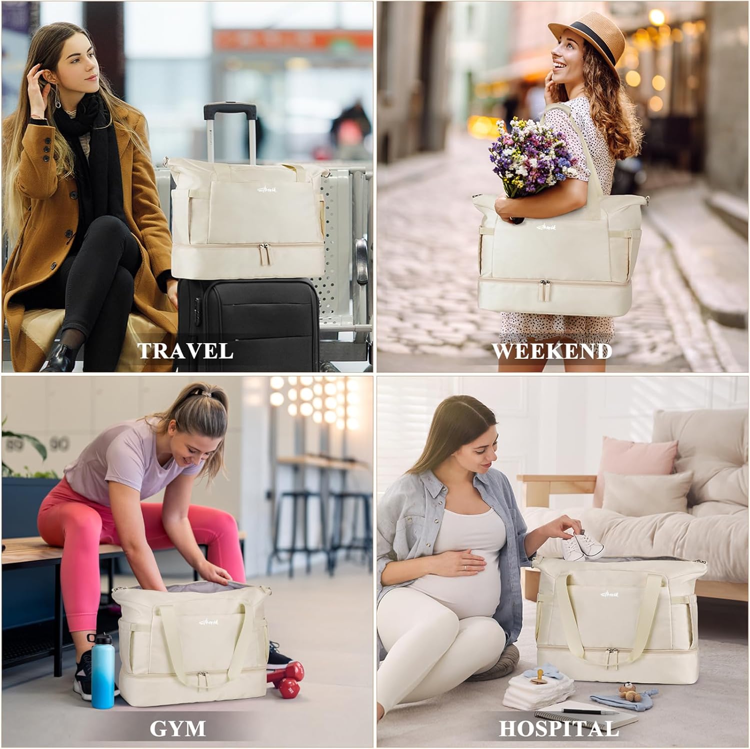 Gym Bag for Women, Personal Item Travel Bag with Shoes Compartment, Weekender Overnight Duffel Bag with Wet Pocket