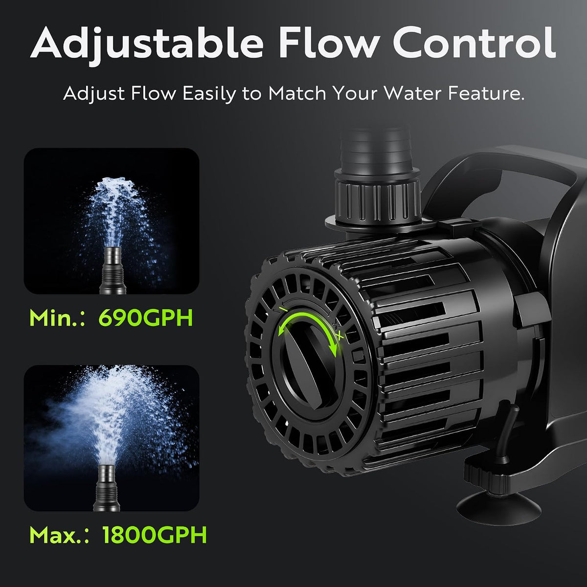 100W Pond Pump, Adjustable Flow 690~1,800GPH Fountain Pump