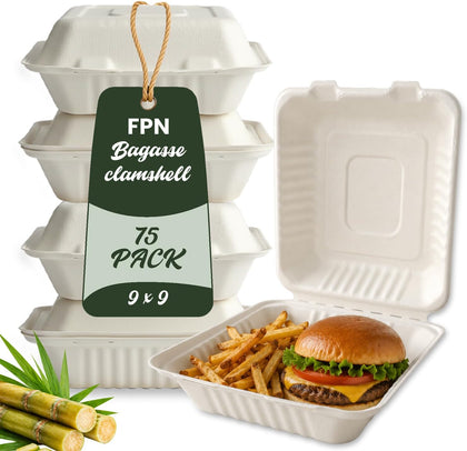 3 Compartment Clamshell Takeout Boxes 9x9 – 75 Pack Heavy-Duty Compostable Sugarcane Bagasse Food To Go Containers |
