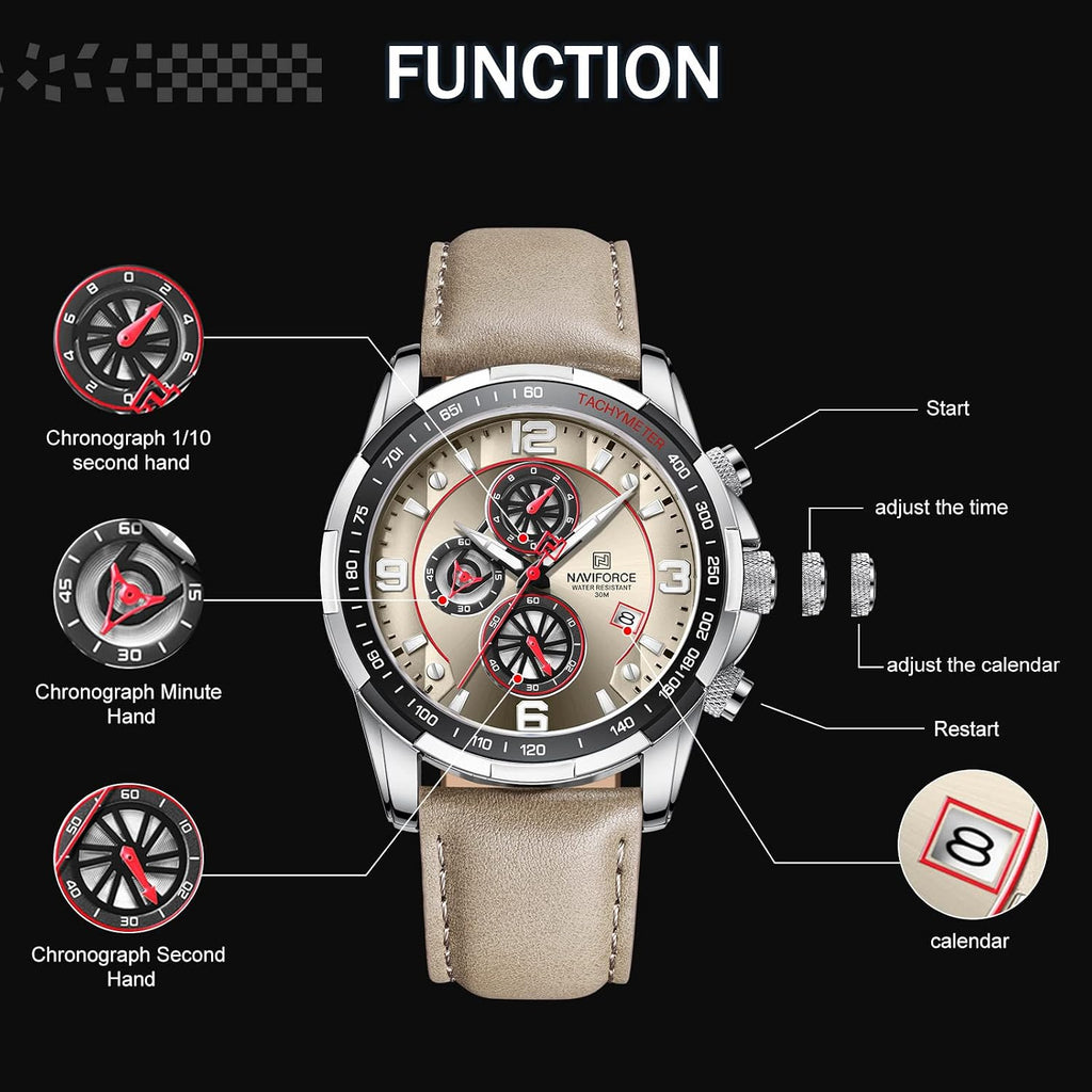 Sport Watches for Men Analog Quartz Chronograph Leather Strap Wrist Watch