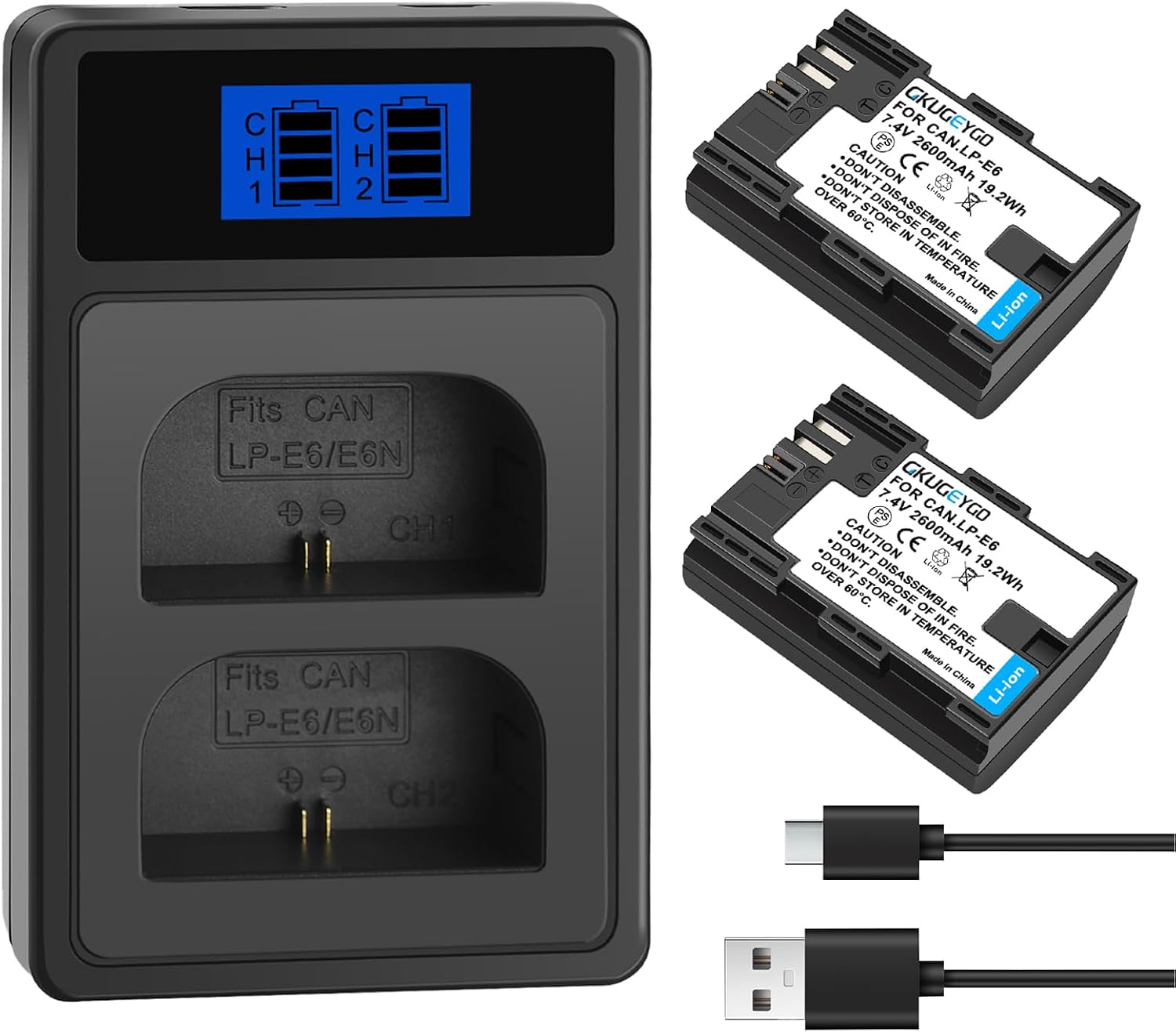 LP-E6 Battery 2-Pack & Dual Charger Compatible with Canon EOS R5 R6 R7 5D 6D 7D Series