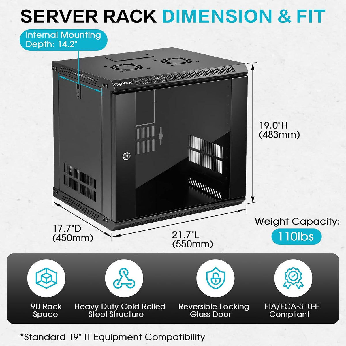 9U Wall Mount Server Rack Cabinet for 19'' IT Equipment, AV Device