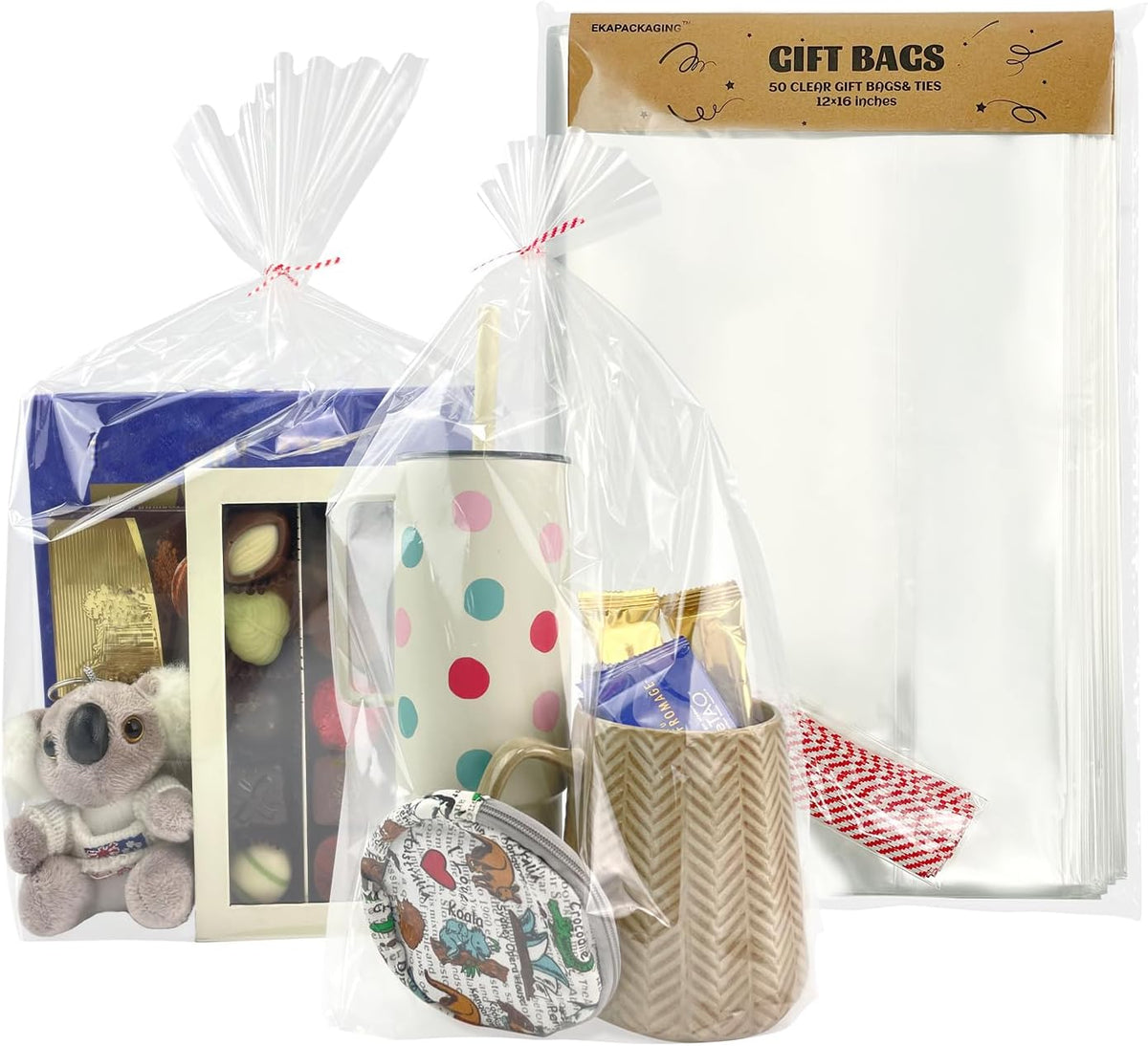 Clear 12x16Inches 50Pcs Twist Ties Flat Bottom Gusset Cellophane Bags Candy Party Favor Gift Mugs Treats Cookie