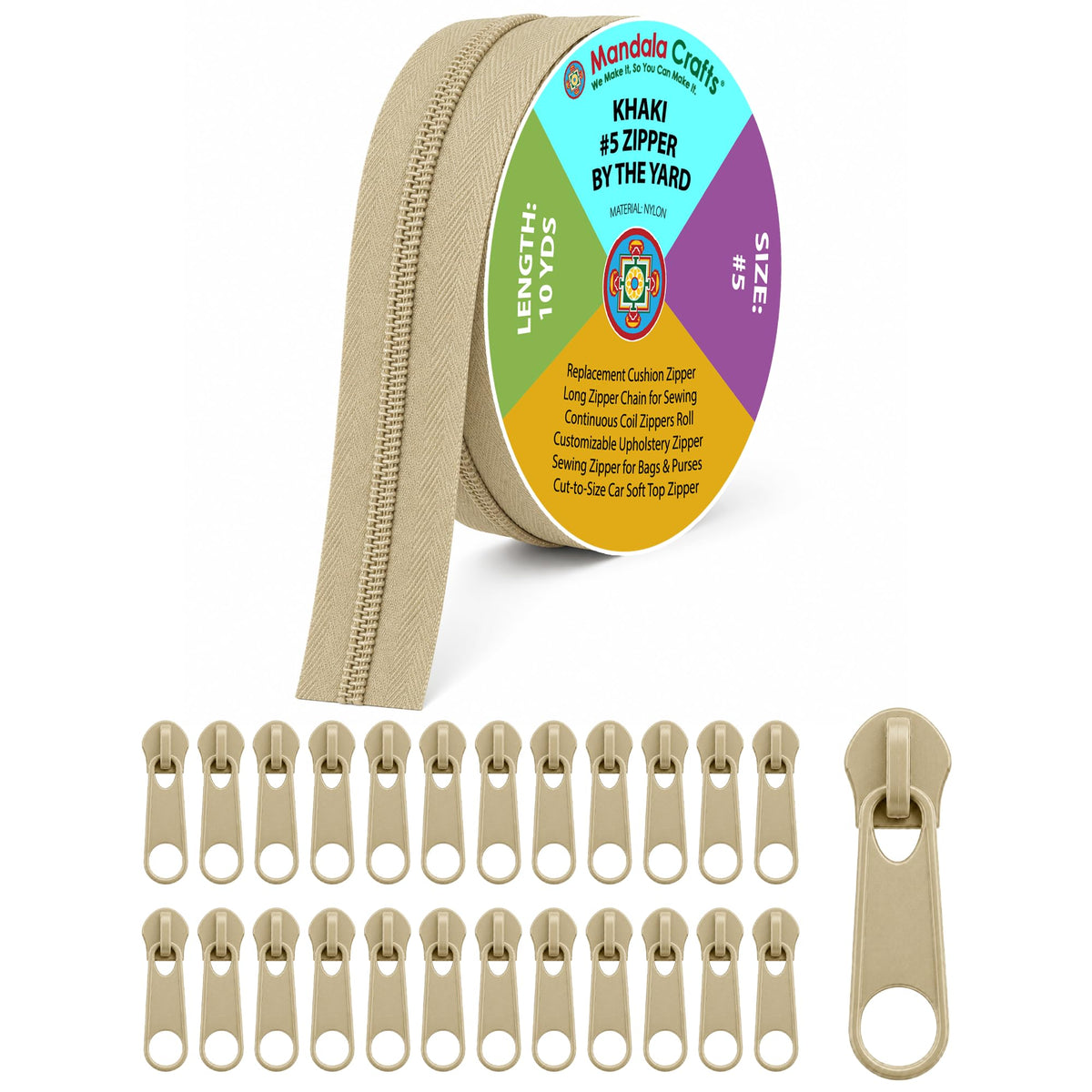 #5 Khaki Nylon Zippers by the Yard with 25 Pulls