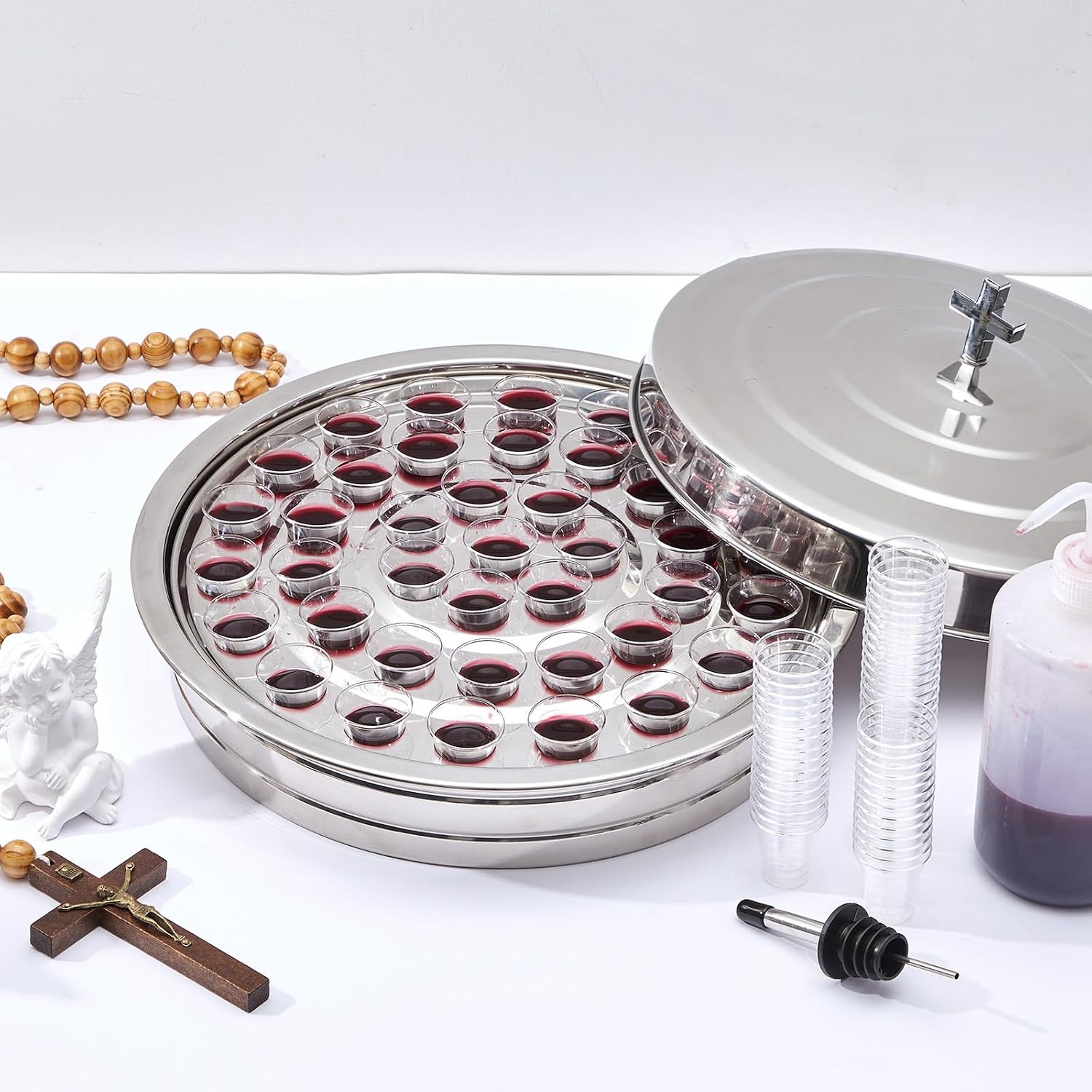 1 Set Holy Communion Trays for Churches with Lid, Churches Cup Fillers, 100 Disposable Communion Cups (Silver)