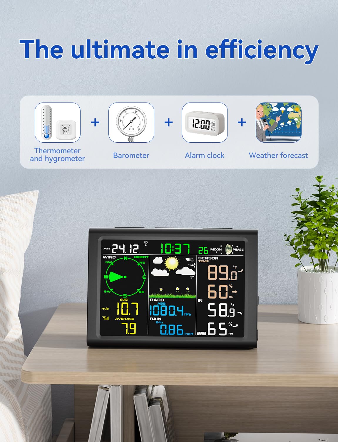 Wireless Weather Station, Equipped with Outdoor Wireless sensors, Atomic Clock, rain Gauge, Wind Speed/Direction,Moon