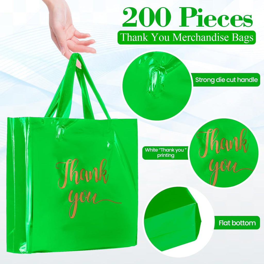 200 Pcs Thank You Shopping Bags with Handle,Green