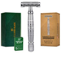 Double Edge Safety Razor for Men + 5 Swedish Steel Blades + Luxury Case. Long Handle. Smooth, Reusable, Eco-Friendly