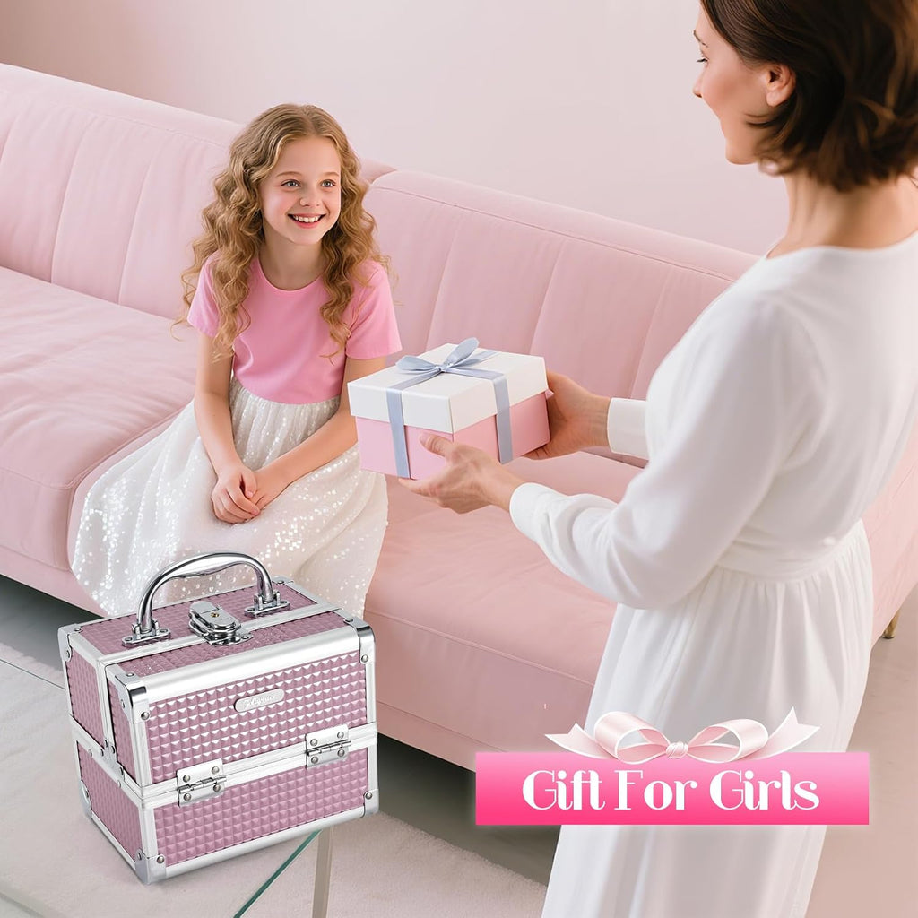 Makeup Case Portable Makeup Box Travel Train Case Cosmetic Case Organizer with 2 trays Mirror Locking Make Up Storage