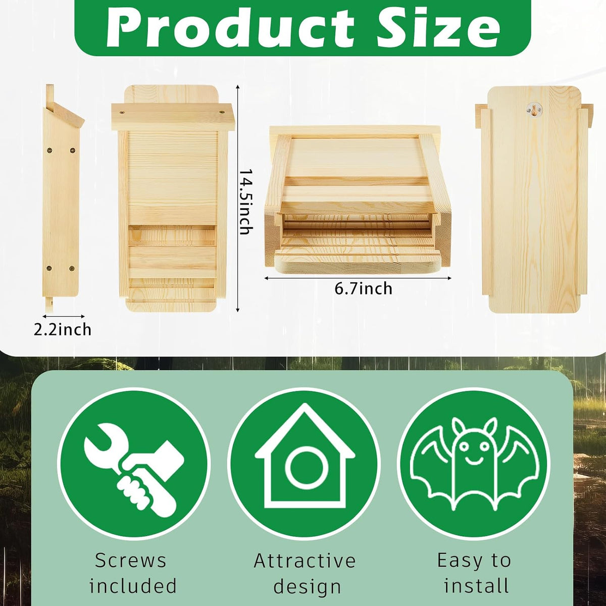 2 Pcs Wood Bat House for Outdoors 14.5 x 6.7 x 2.2 Inches Weatherproof Bat Box Easy to Install Weatherproof Shelter