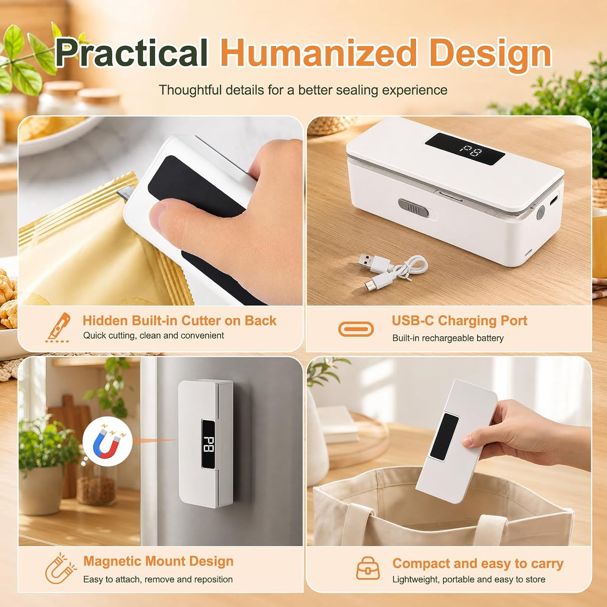 Mini Bag Sealer with Cutter & Magnetic Back, USB Rechargeable Heat Sealer