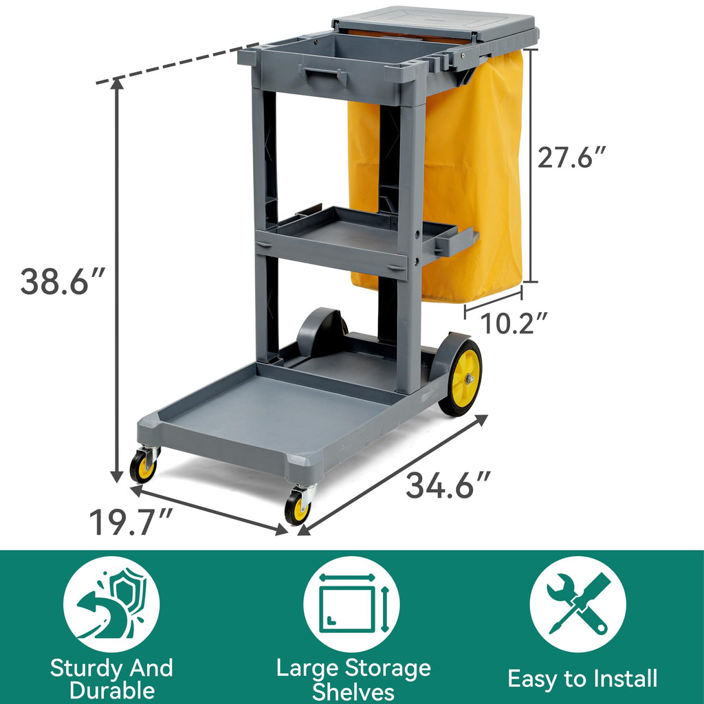 3-Shelf Cleaning Carts on Wheels, Grey Janitorial Cart