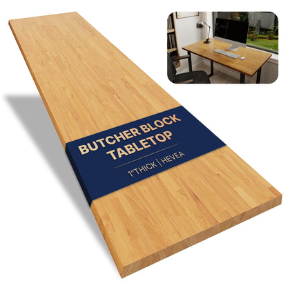 55 x 28 Inch Solid Hevea Wood Table Top with UV Coating – 1 Inch Thick Butcher Block Countertop for Standing Desk