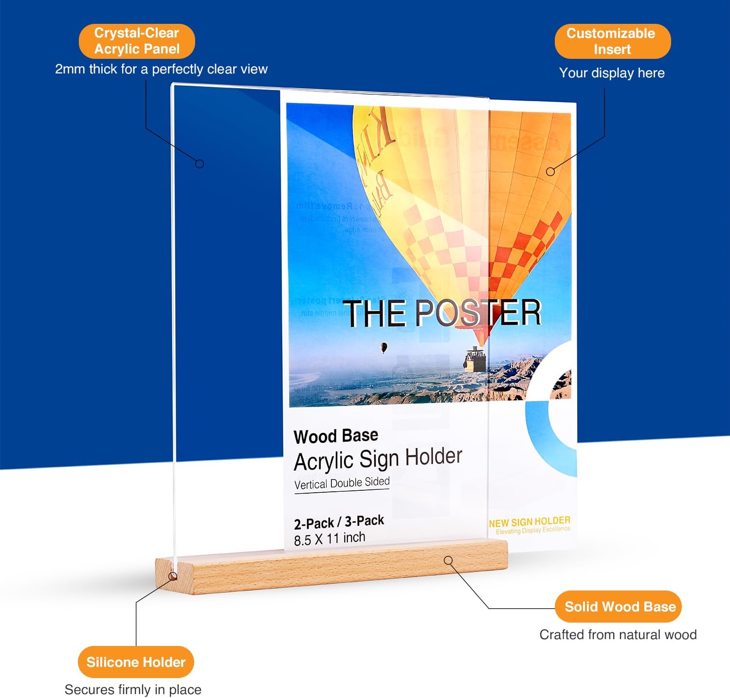 Acrylic Sign Holder 8.5×11 Inches with Wood Base, 3 Pack – Double-Sided Tabletop Clear Display Stand for Menu, Flyer