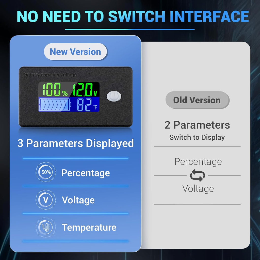 Battery Meter 12v | LCD Display 10-100v Lithium Battery Monitor Volt Meter Temperature Gauge for Marine RV Car DIY