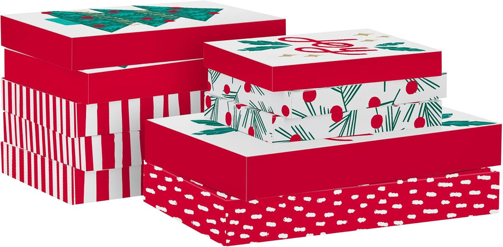 Christmas Gift Boxes with Lids, Assorted 10-Pack (Red and White)
