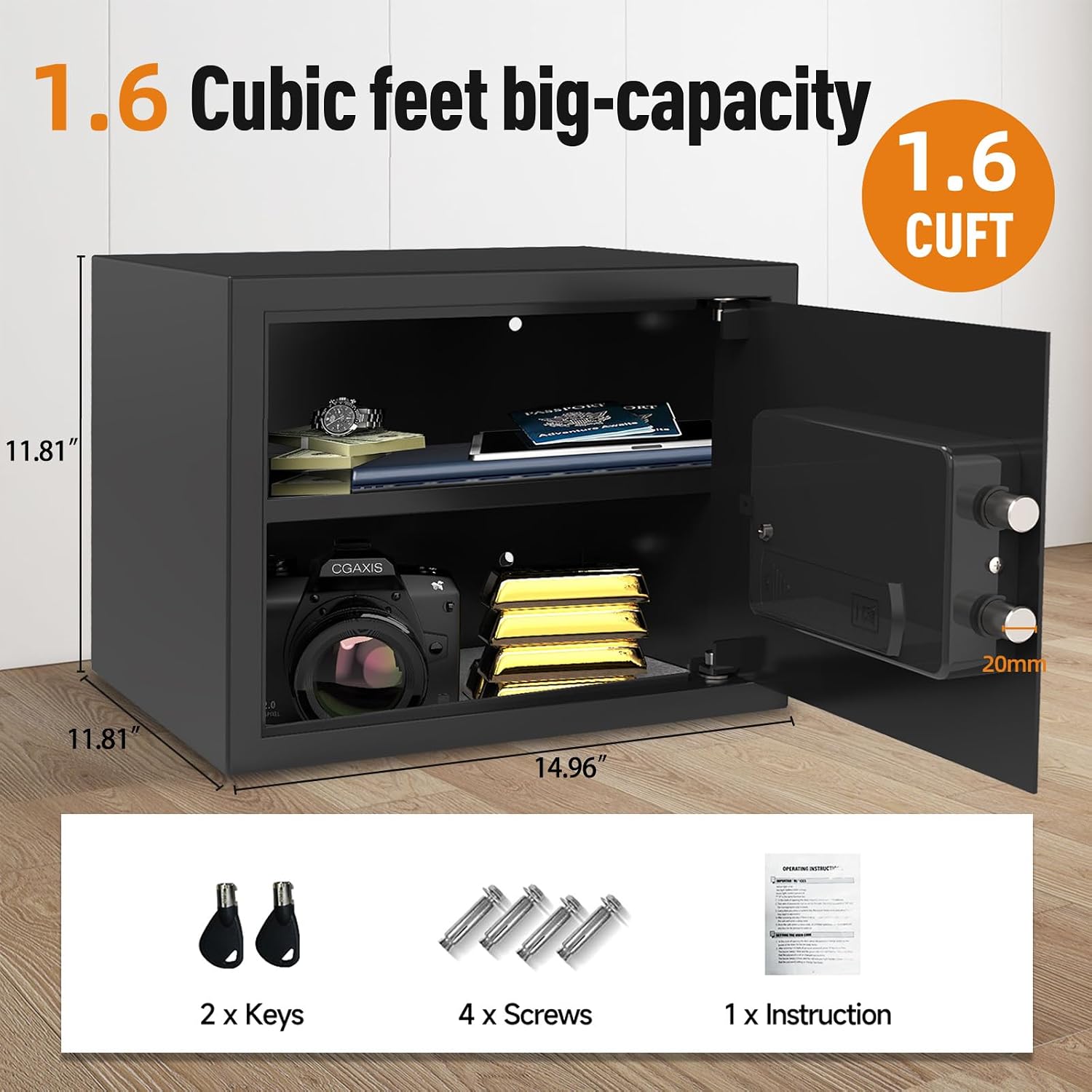 1.6 Cu.Ft Classic Large Safe with Charging Port – Digital Steel Safe with Shelf, Fits Laptop, Jewelry & Important