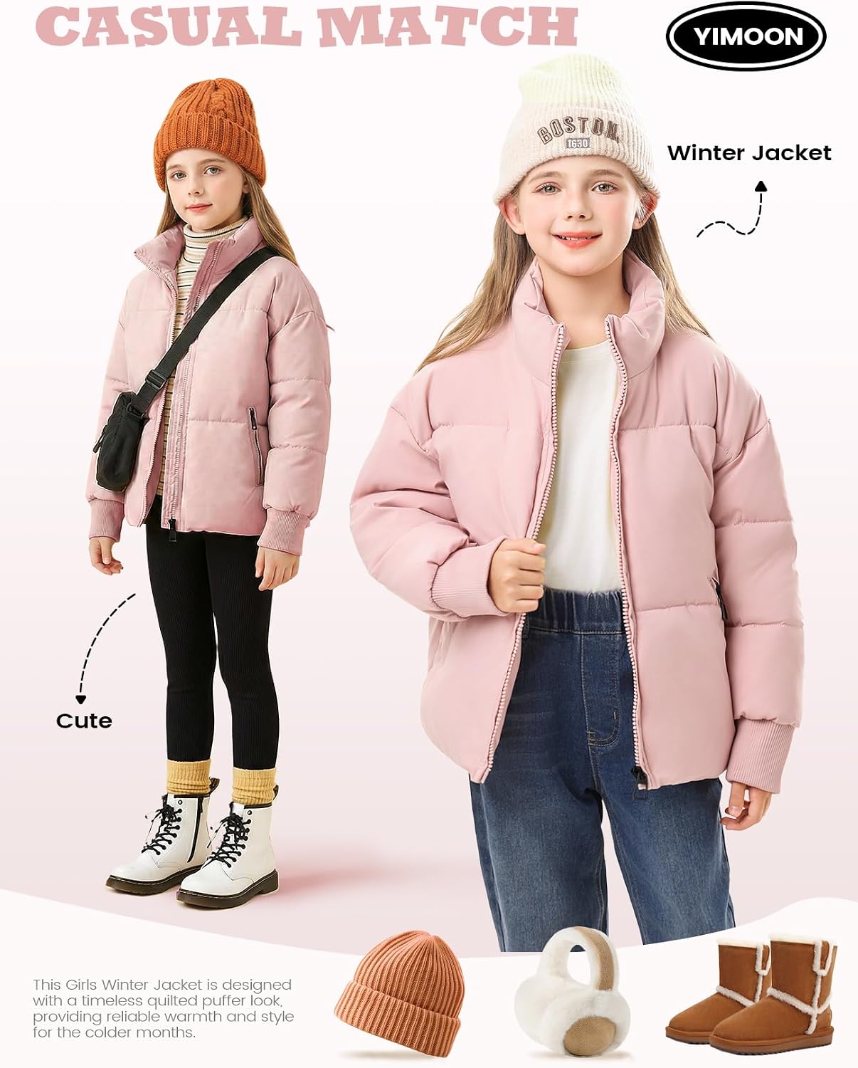 Girls Winter Puffer Jacket Kids Warm Quilted Puffer Coat | Zip Up, Stand Collar, Long Sleeve, Cropped Puffy Jacket