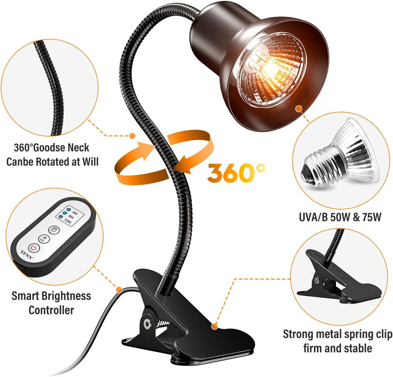 Reptile Heat Lamp, Heat Lamp with Clamp, UVA UVB Reptile Light with Intelligent Cycle Timer for Turtle, Bearded