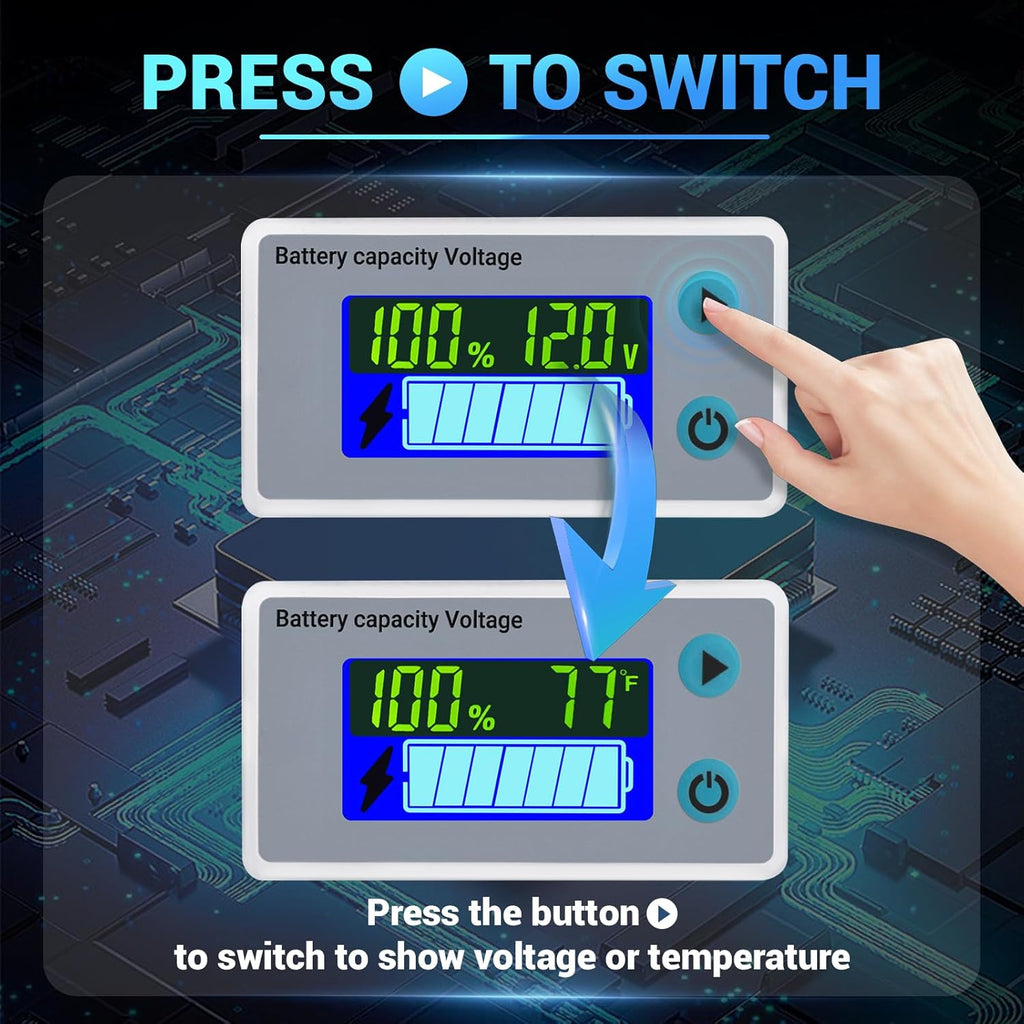 RV Battery Monitor 12V - Golf Cart Battery Meter 10-100V, Digital Voltmeter Temperature Gauge for Car Marine DIY Project
