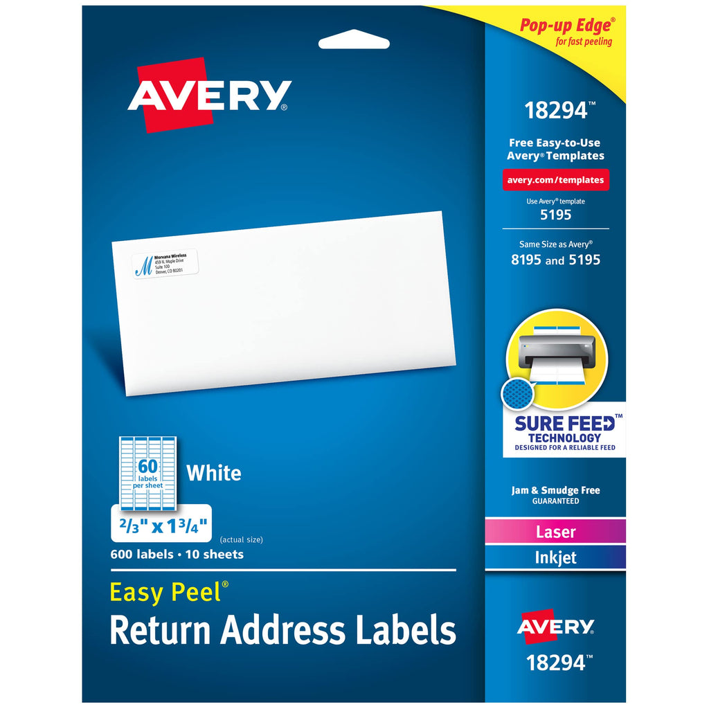 Printable Return Address Labels, Sure Feed Technology, 2/3" x 1-3/4", White, Laser & Inkjet Compatible, 600 Blank