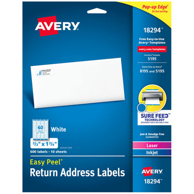 Printable Return Address Labels, Sure Feed Technology, 2/3" x 1-3/4", White, Laser & Inkjet Compatible, 600 Blank