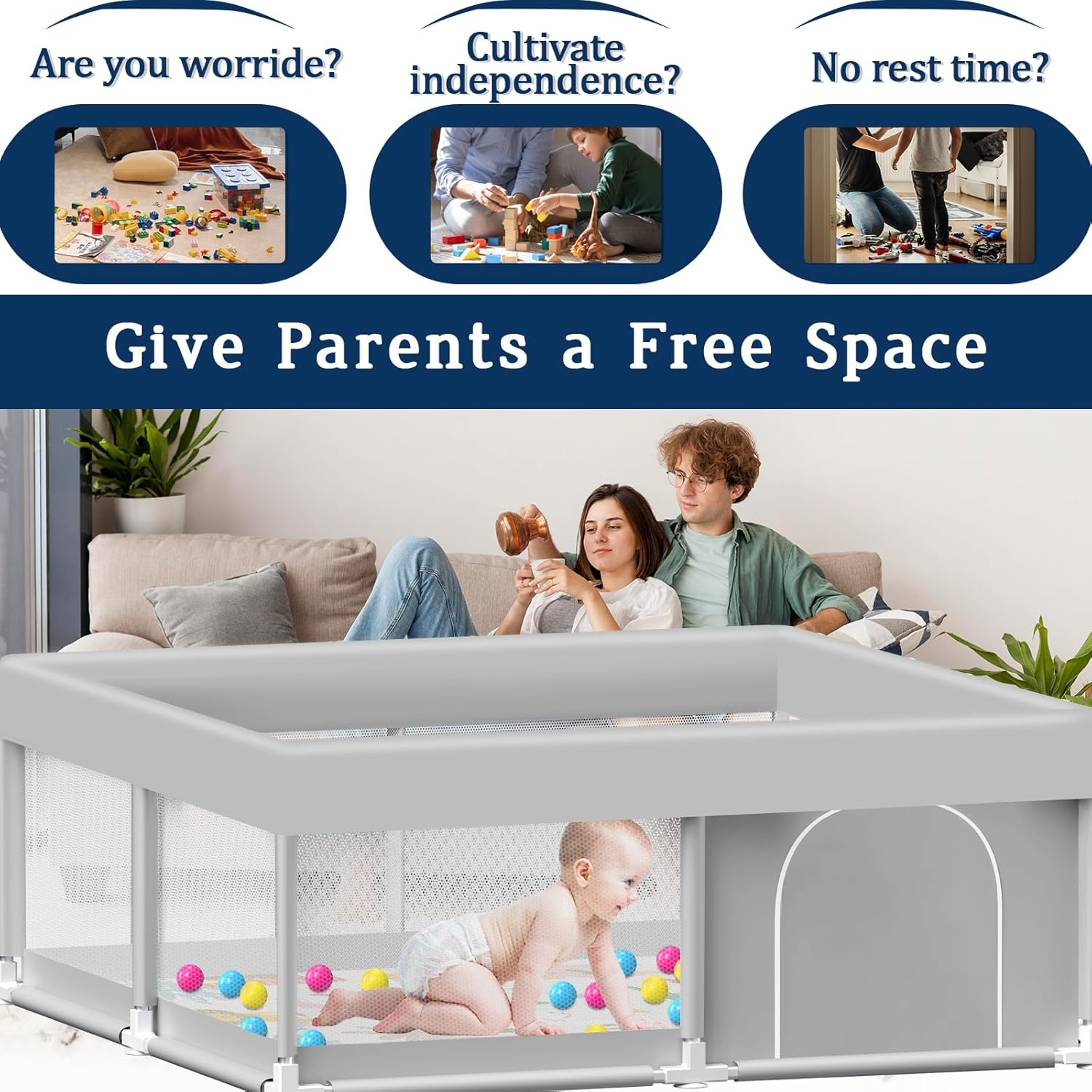 Baby Playpen with Mat, 50x50 Inch Playpen with Mat Waterproof for Babies and Toddlers Play Pen Playards Safety Gate