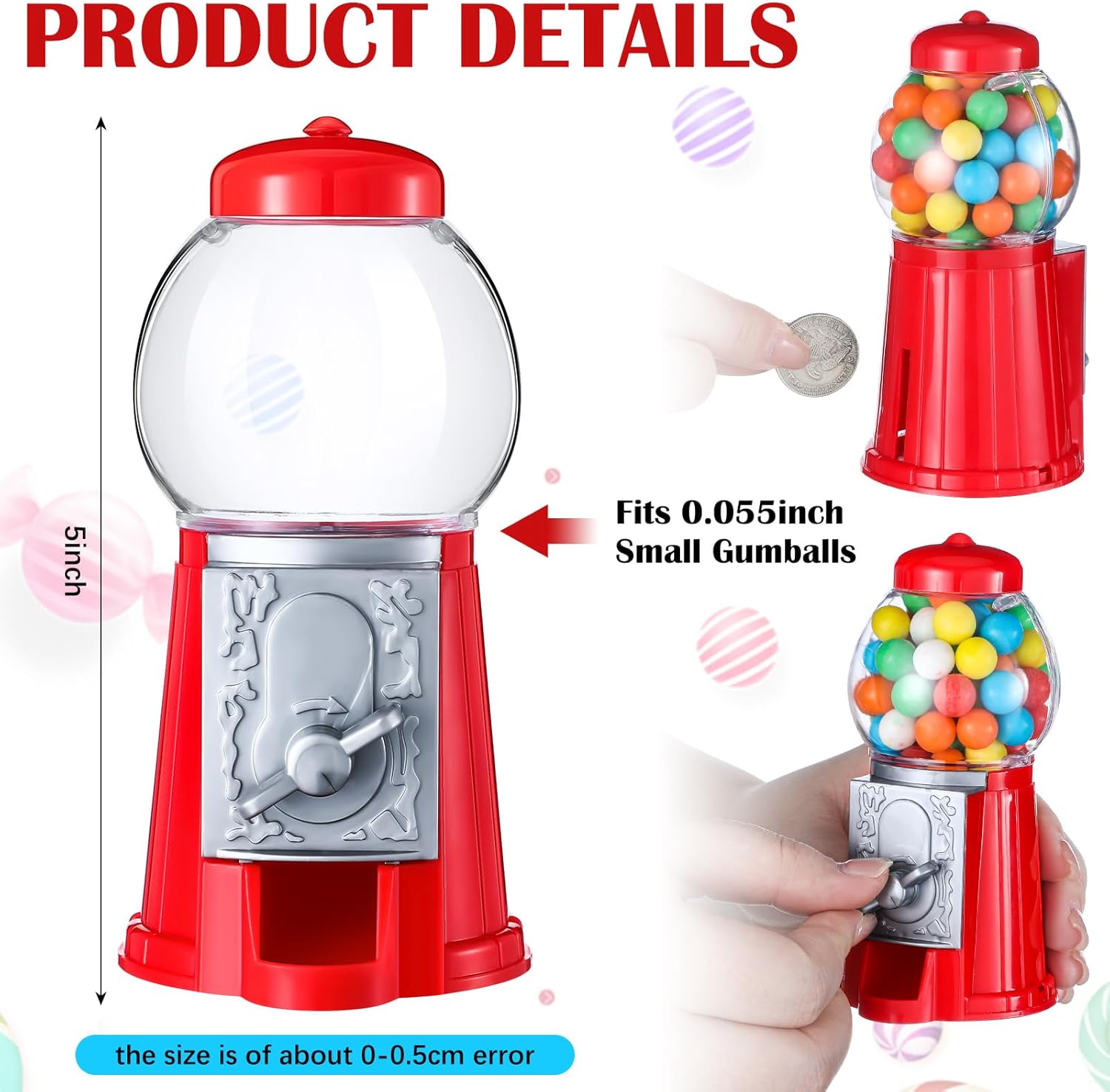 12 Pack Mini 5" Red Gumball Machine Plastic Candy Dispenser