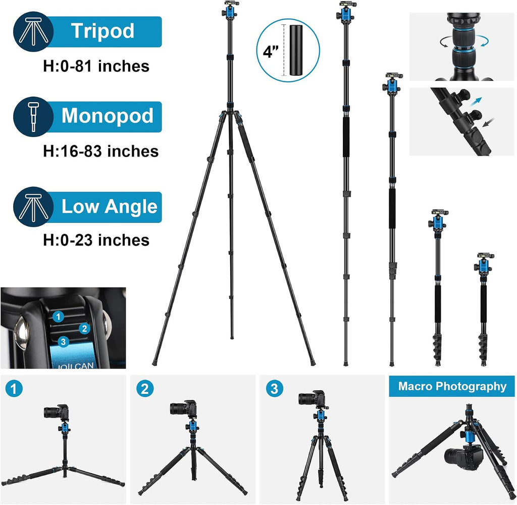 81" Tripod for Camera Phone, 83" Aluminum Camera Tripod Monopod | Tall DSLR Tripod with 360°Ball Head, Heavy Duty