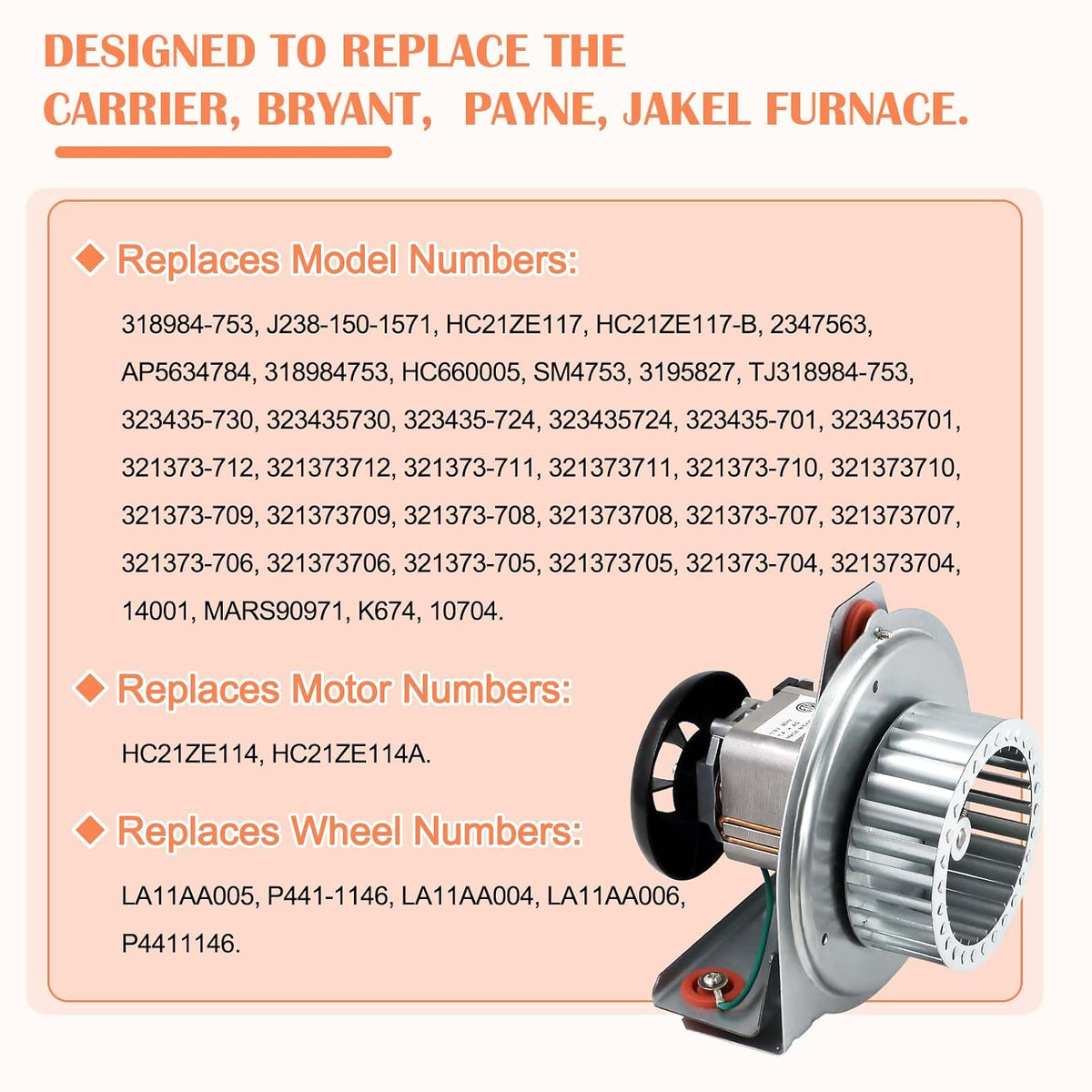 Hiorucet HC21ZE117 318984-753 Inducer Motor Assembly for Carrier Payne Bryant, Jakel J238-150-1571 Furnace Draft Inducer Blower Motor HC21ZE117-B with HC21ZE114A Motor and LA11AA005 Blower Wheel.