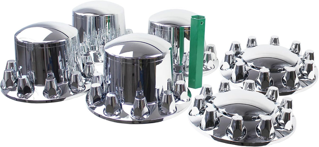 Chrome ABS 33 mm Thread-On Dome Axle Cover Combo Kit with Removable Hub Caps and Lug Nut Covers for Semi Truck