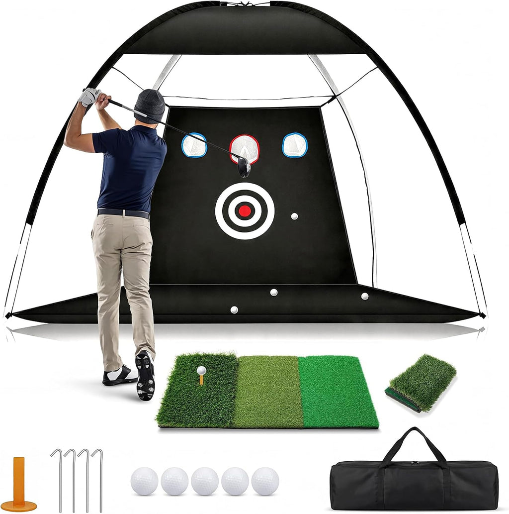 Golf Practice Net with Mat 10x7ft, Hitting Net for Backyard Outdoor Driving & Chipping, Heavy Duty Training Equipment