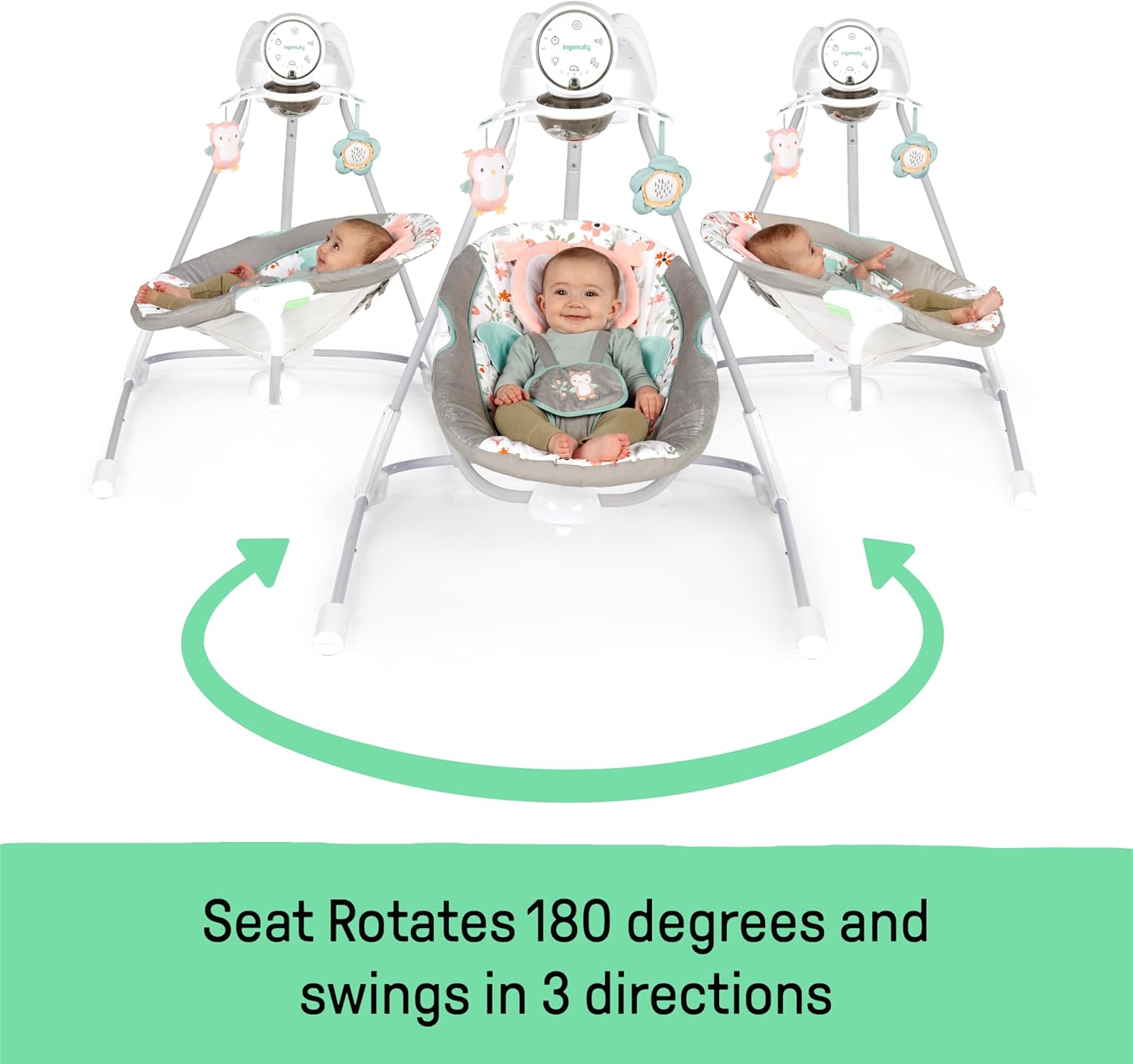 InLighten 5-Speed Baby Swing - Swivel Infant Seat, 5 Point Safety Harness, Nature Sounds, Lights - Nally Owl