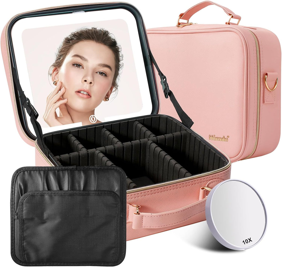 Travel Makeup Bag with LED Lighted Mirror, Travel Makeup Organizer, Makeup Case with 3 Color Lighted Setting and 10x
